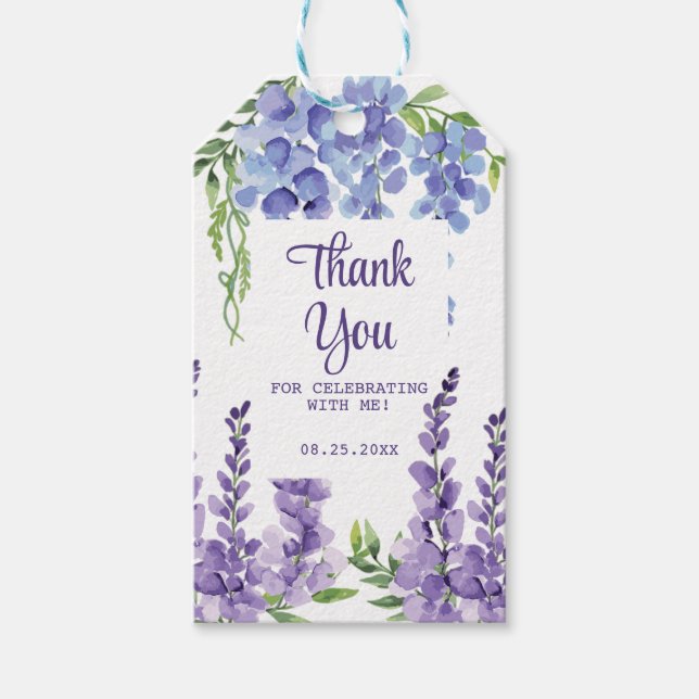 Blue Lila Wisteria Blommigt Greenery Tack Presentetikett (Framsidan)