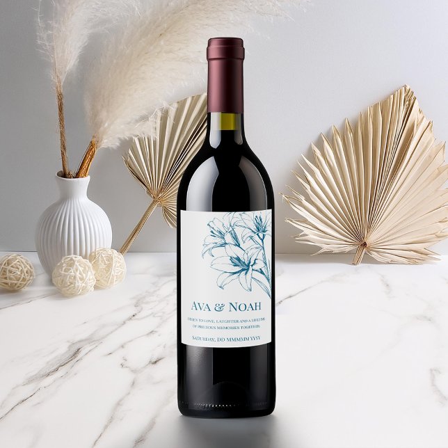 Blue Lily Outline Bröllop Vinflaska Etikett (Skapare uppladdad)