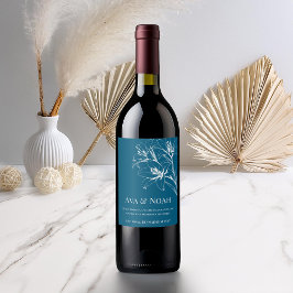 Blue Lily Outline Bröllop Vinflaska Etikett