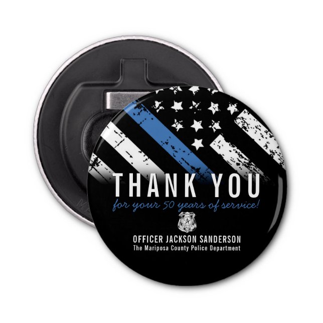 Blue Line Flagga Acryl, polisens Pension-årsdag Flasköppnare (Framsidan)