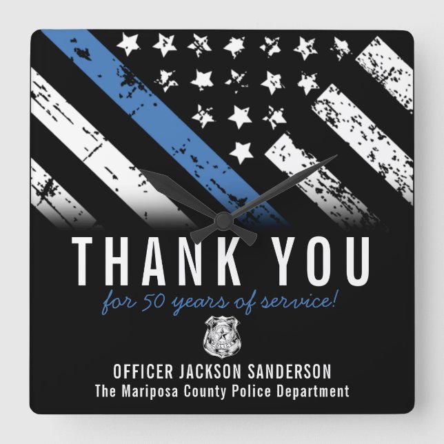 Blue Line Flagga för polisens Pension-årsdag Fyrkantig Klocka (Framsida)