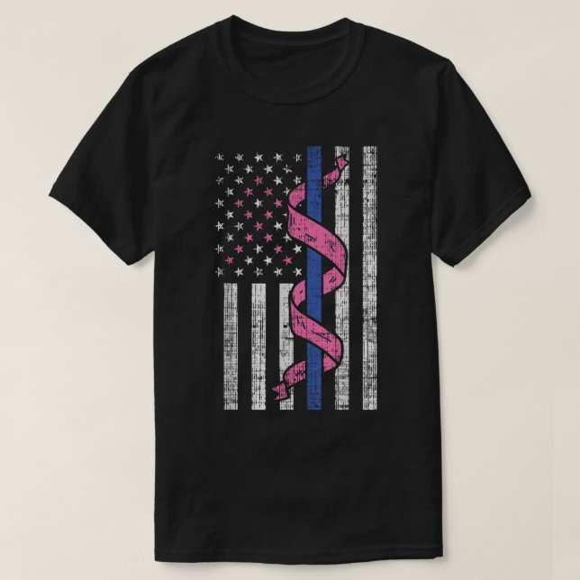Blue Line Police US Flagga Rosa Ribbon Breast Canc T Shirt (Design framsida)