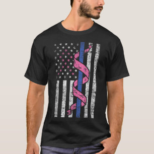 Blue Line Police US Flagga Rosa Ribbon Breast Canc T Shirt