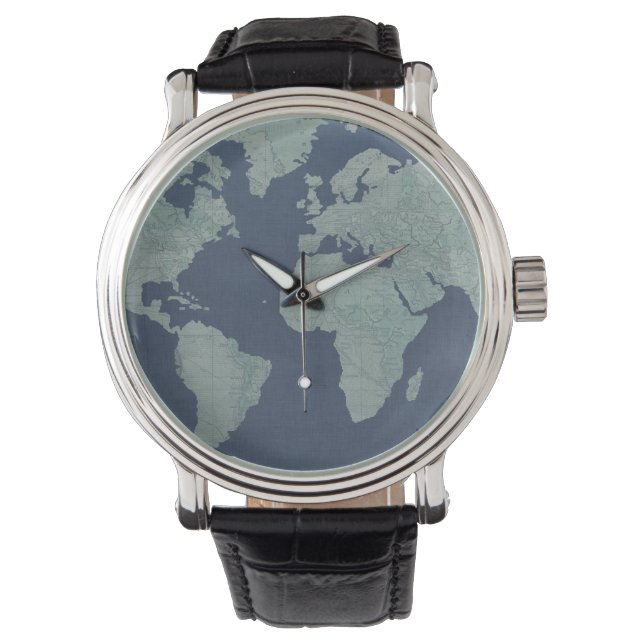 Blue Linen World Map Armbandsur (Framsida)