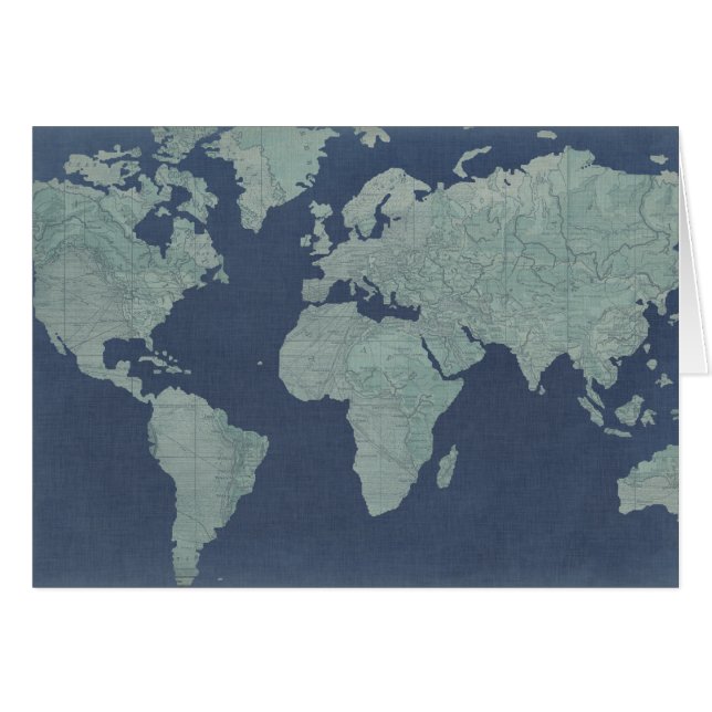 Blue Linen World Map Hälsningskort (Framsidan Horizontal)