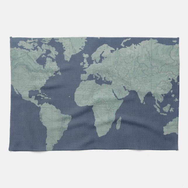 Blue Linen World Map Kökshandduk (Horisontell)
