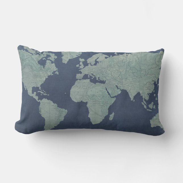 Blue Linen World Map Lumbarkudde (Framsida)