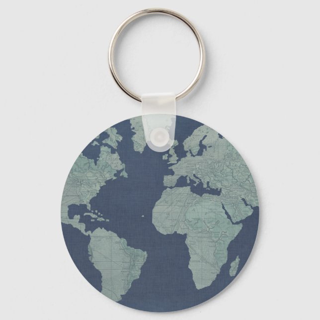 Blue Linen World Map Nyckelring (Framsida)