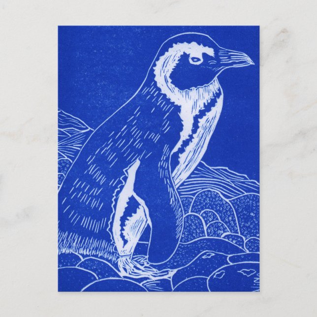 Blue Linocut Penguin Vykort (Framsida)