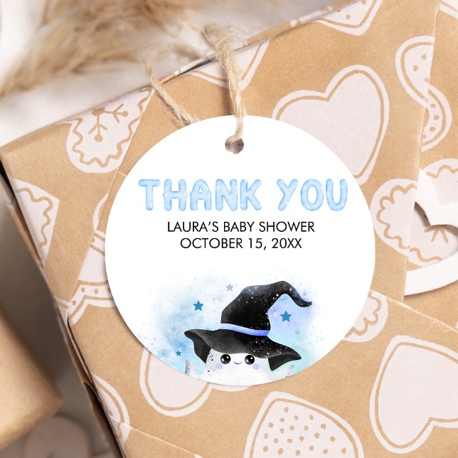 Blue Little Boo Ghost Witch Baby Shower Round Gåvor Etiketter (Little Boo Baby Shower Round Favor Tags)