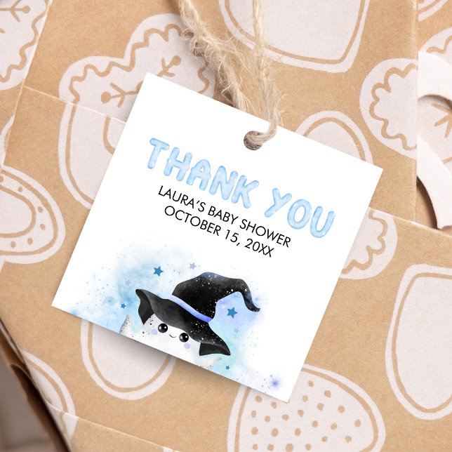 Blue Little Boo Ghost Witch Baby Shower Square Gåvor Etiketter (Little Boo Baby Shower Square Favor Tags)