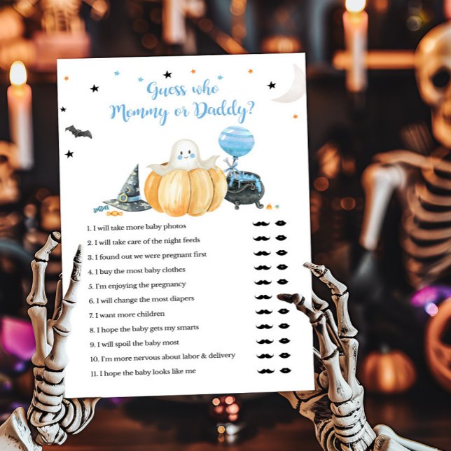 Blue Little Boo Gissa vem Mamma eller pappa Game (Pumpkin Halloween Baby Shower Guess who Mommy or Daddy Game)