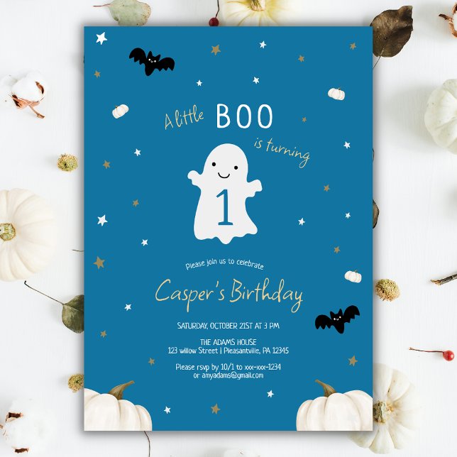 Blue Little Boo Halloween 1st Birthday Inbjudningar (Skapare uppladdad)