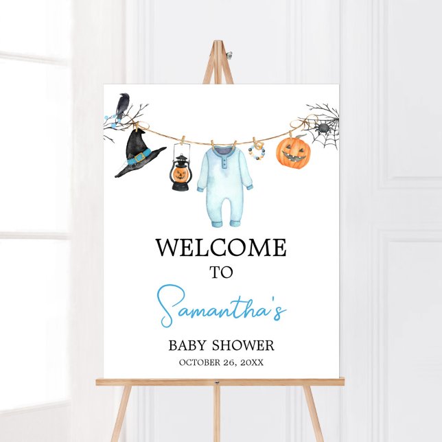 Blue Little Boo Halloween Baby Shower Welcome Poster (Halloween Baby Clothes Baby Shower Welcome Sign)