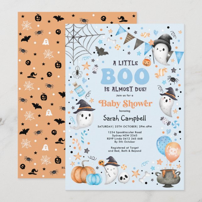 Blue Little Boo Halloween Ghost Boy Shower Inbjudningar (Fram/baksida)