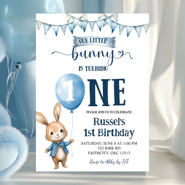 Blue Little Bunny First Birthday Invitation Inbjudningar (Skapare uppladdad)