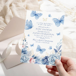 Blue Little Butterfly Flowers Boy Baby Shower Inbjudningar