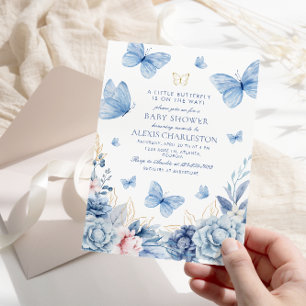 Blue Little Butterfly Flowers Boy Baby Shower Inbjudningar