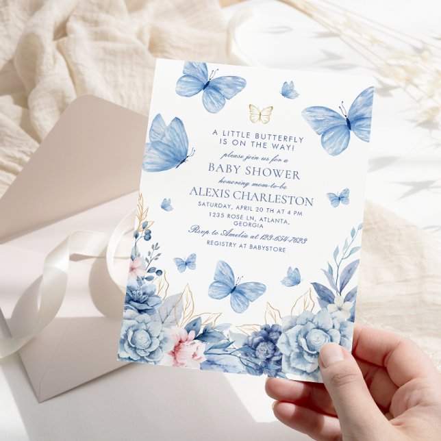Blue Little Butterfly Flowers Boy Baby Shower Inbjudningar (Skapare uppladdad)