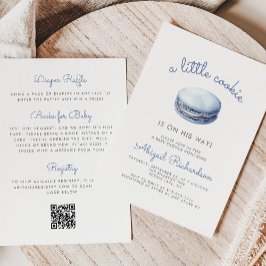 Blue Little Cookie Macaron QR Code Boy Baby Shower Inbjudningar