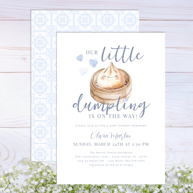 Blue Little Dumpling Watercolor Baby Shower Invita Inbjudningar (Blue Dumpling Baby Shower)