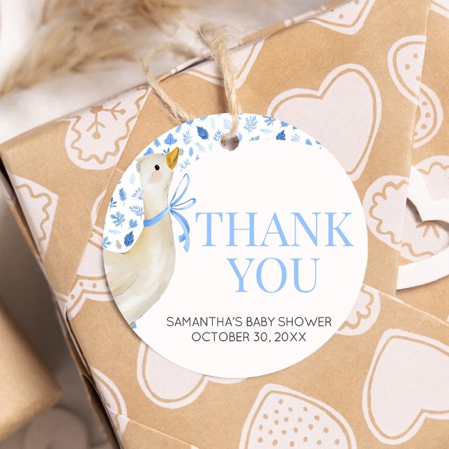 Blue Little Fånig Goose Baby Shower Round Gåvor Etiketter (Blue Little Silly Goose Baby Shower Round Favor Tags)