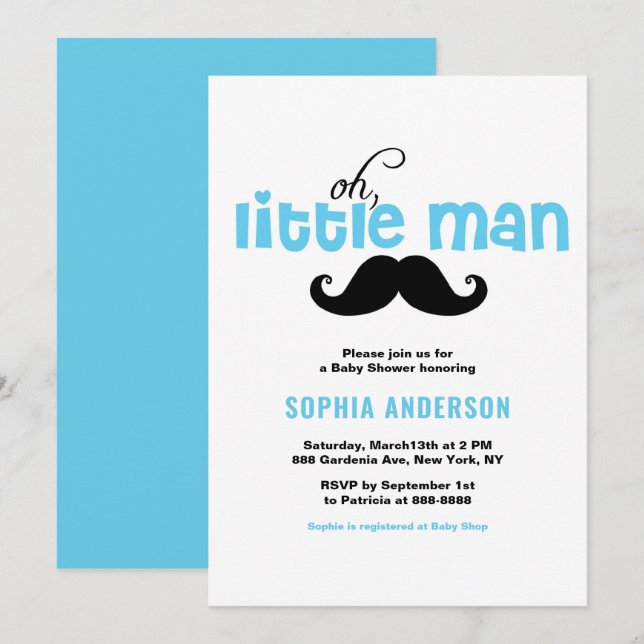 Blue Little Man Mustache Baby Shower-inbjudan Inbjudningar (Fram/baksida)