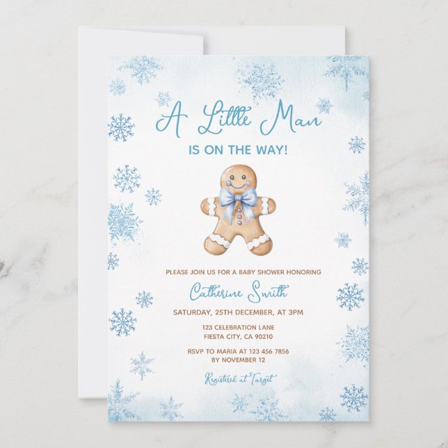 Blue Little Man Snowflakes Gingerbread Baby Shower Inbjudningar (Framsida)