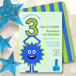 Blue Little Monster 3rd Birthday Boy Roligt Cute Inbjudningar