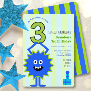 Blue Little Monster 3rd Birthday Boy Roligt Cute Inbjudningar