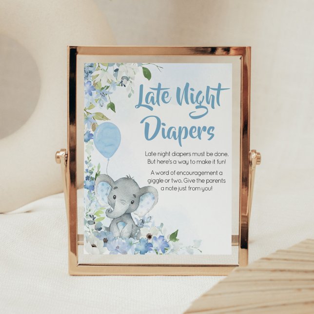 Blue Little Peanut Elephant Late Night Diables Poster (Blue Elephant Little Peanut Baby Shower Late Night Diapers Sign)