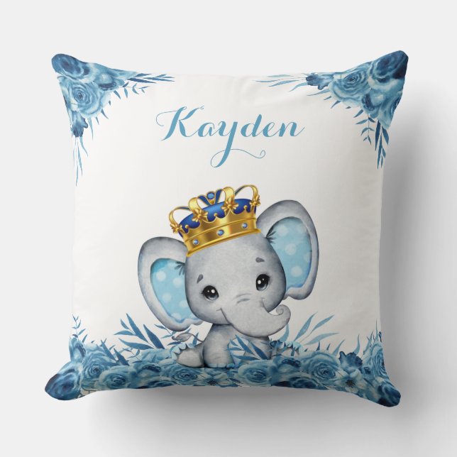 Blue Little Prince Blommigt Elephant Baby  Kudde (Framsida)