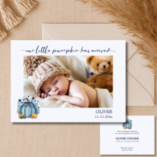 Blue Little Pumpkin Baby Boy Photo Announcement Meddelande