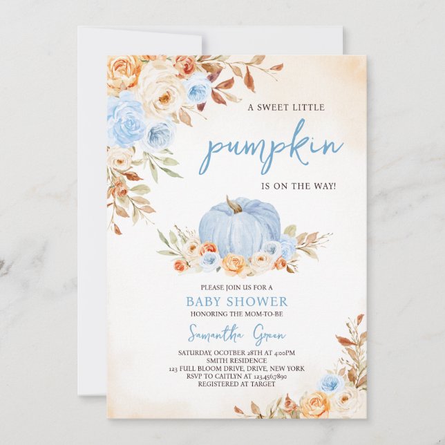 Blue Little Pumpkin Baby Shower Inbjudningar (Framsida)
