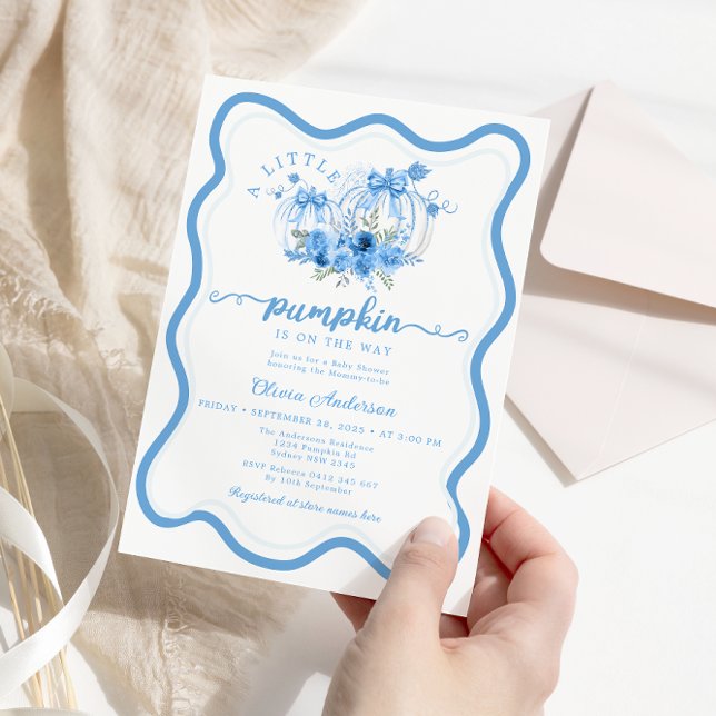 Blue Little Pumpkin Bow Wave Ram Baby Shower Inbjudningar (Skapare uppladdad)