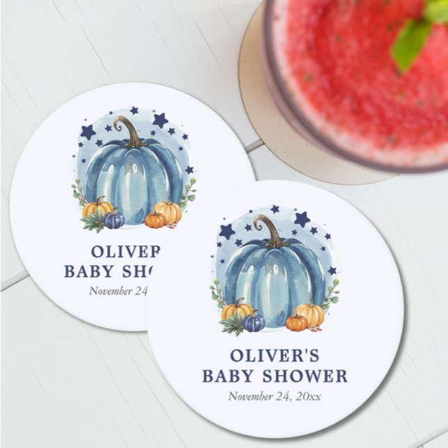 Blue Little Pumpkin Fall Anpassningsbar Boy Shower Underlägg Papper Rund (Skapare uppladdad)