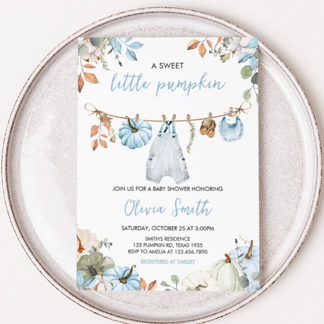 Blue Little Pumpkin Fall Autumn Shower Inbjudningar (Blue Little Pumpkin Fall Clothesline Baby Shower Invitation)