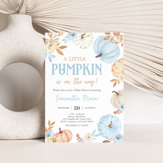 Blue Little Pumpkin Fall Baby Shower Inbjudningar (Boy Little Pumpkin Fall Baby Shower Invitation)