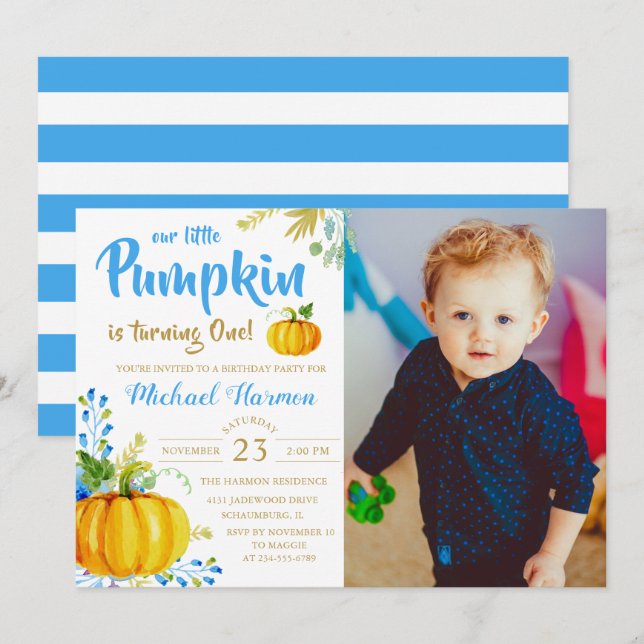Blue Little Pumpkin Fall Boy Birthday Photo Inbjudningar (Fram/baksida)
