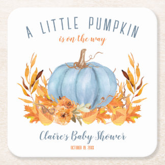 Blue Little Pumpkin Fall Boy Shower Underlägg Papper Kvadrat