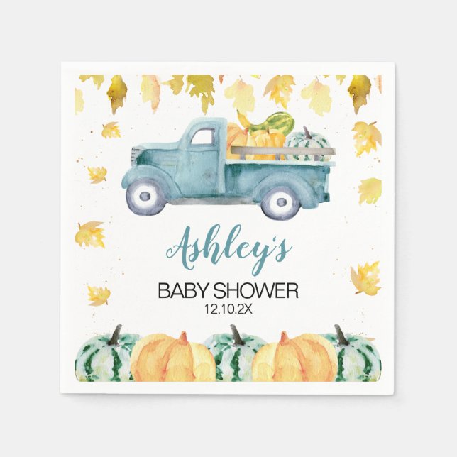 Blue Little Pumpkin Lastbil Baby Shower Napkin Pappersservett (Framsidan)