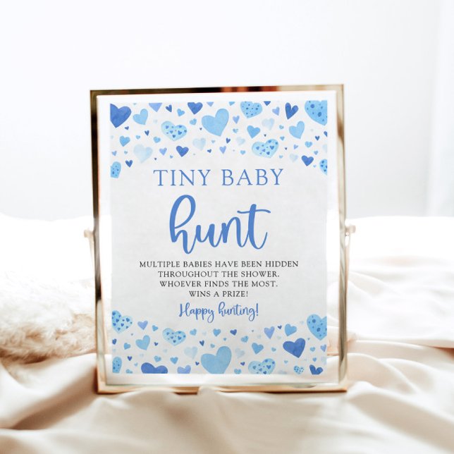 Blue Little Sweiny Baby Hunt Shower Game Poster (Watercolor Modern Cute Blue Hearts Valentine Sweetheart Boy Tiny Baby Hunt Baby Shower Game Sign)