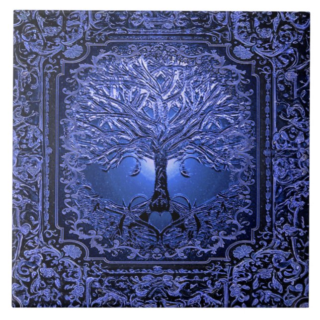Blue Livets träd Ancient Rustic Kakelplatta (Framsidan)