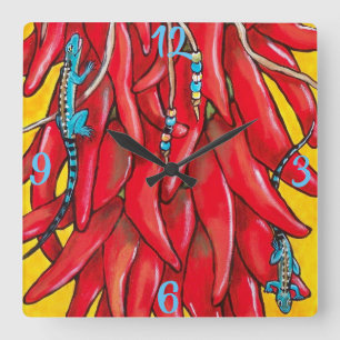 Blue Lizard Red Chili Chile Pepper Clock Southwest Fyrkantig Klocka