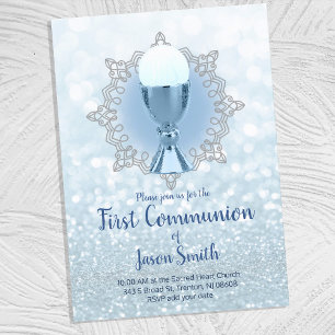 Blue ljus first communion chalice host inbjudningar
