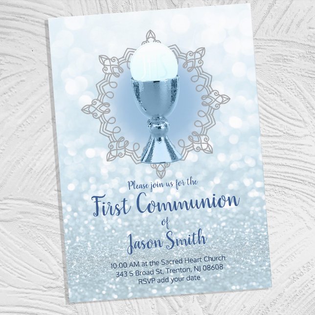 Blue ljus first communion chalice host inbjudningar (Skapare uppladdad)