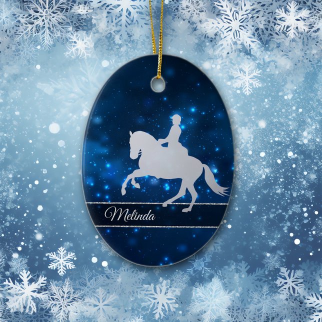 Blue Ljus Silver Silhouette Equestrian Rider Julgransprydnad Keramik (Skapare uppladdad)