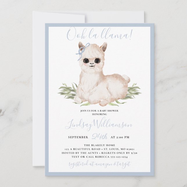 Blue Llama Baby Shower Inbjudningar (Framsida)
