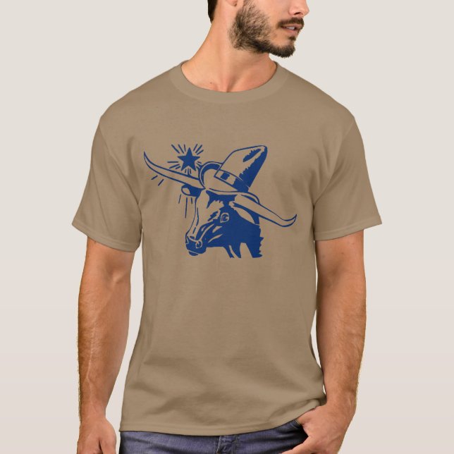 Blue Longhorn Steer med Cowboy Hat T Shirt (Framsida)