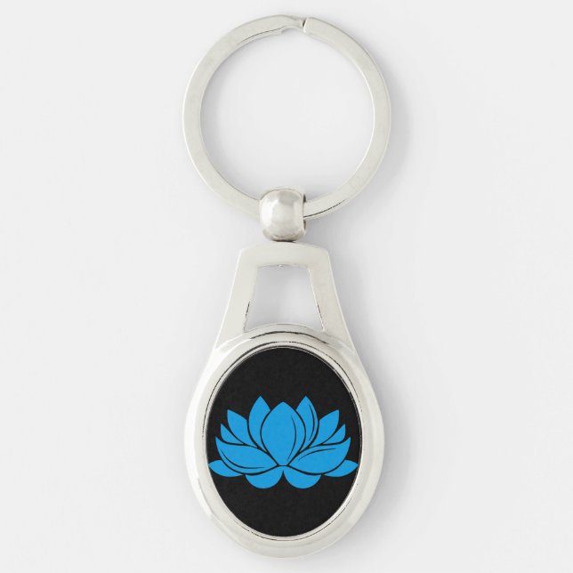 Blue Lotus Blommar Ovalt Silverfärgad Nyckelring (Framsidan)